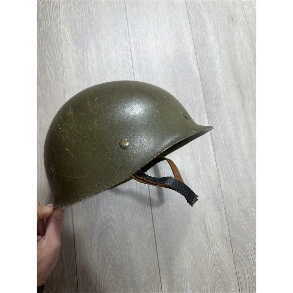 Vintage Military‎  Helmet With Leather Chinstrap & Lining Green Rare!!